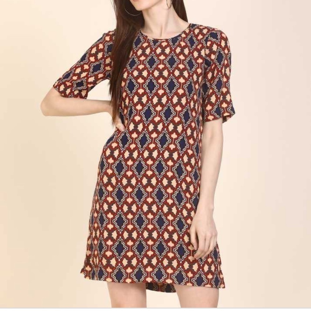 Vero Moda Multicolor Geometric Print Shift Dress XS | Boho Retro Mini Dress XS